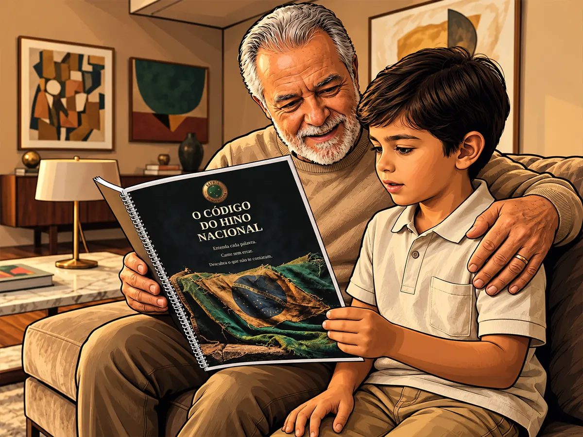 Ilustração de avô e neto lendo juntos a cartilha impressa
